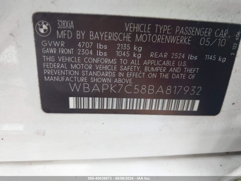 2011 BMW 328I xDrive VIN: WBAPK7C58BA817932 Lot: 40038673