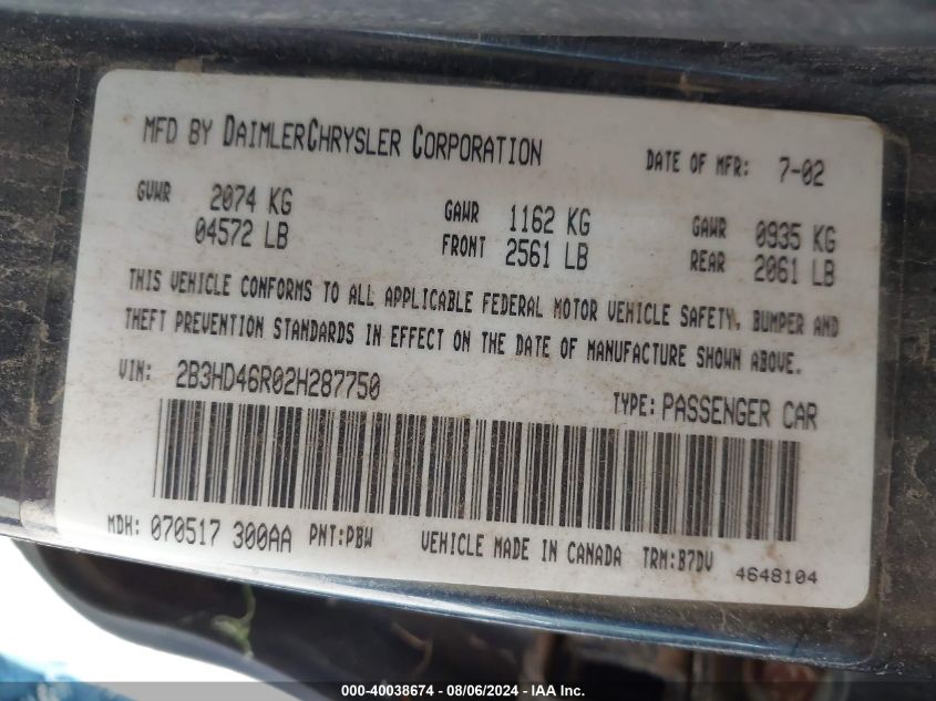 2002 Dodge Intrepid Se VIN: 2B3HD46R02H287750 Lot: 40038674