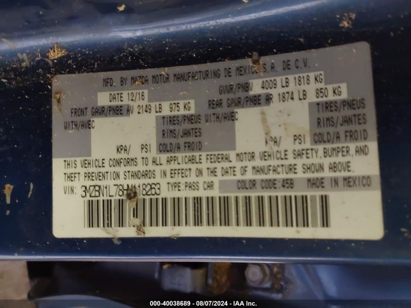 2017 Mazda Mazda3 Touring VIN: 3MZBN1L78HM118263 Lot: 40038689