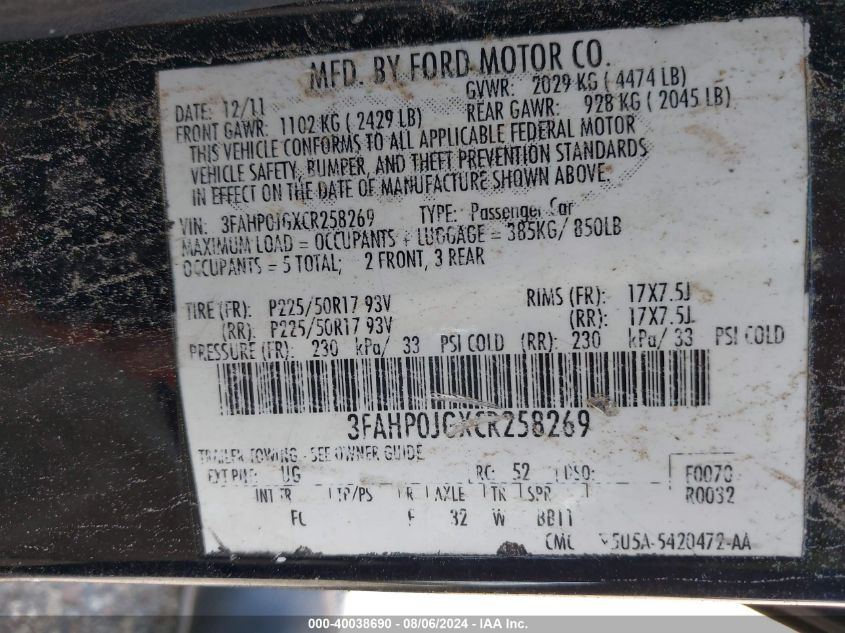 2012 Ford Fusion Sel VIN: 3FAHP0JGXCR258269 Lot: 40038690