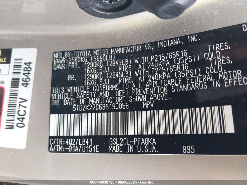 2008 Toyota Sienna Xle VIN: 5TDZK22C68S190058 Lot: 40038728