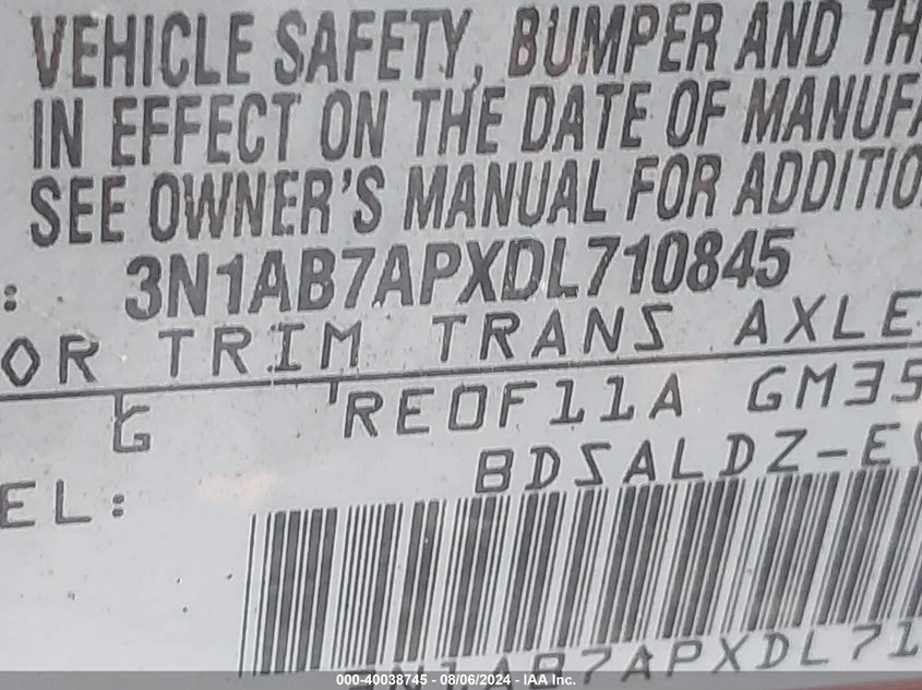 2013 Nissan Sentra Sv VIN: 3N1AB7APXDL710845 Lot: 40038745