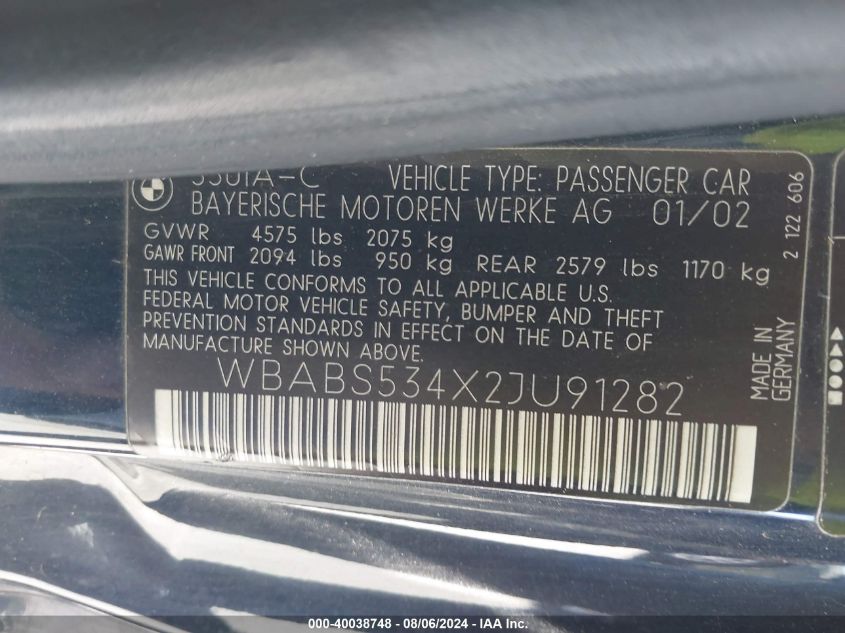 2002 BMW 330Ci VIN: WBABS534X2JU91282 Lot: 40038748