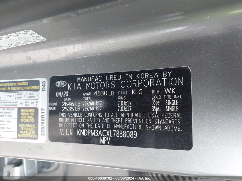 VIN KNDPM3ACXL7838089 2020 KIA SPORTAGE LX
