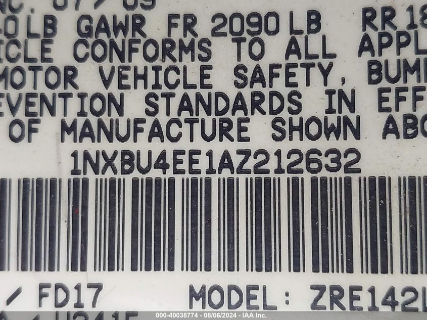 2010 Toyota Corolla S VIN: 1NXBU4EE1AZ212632 Lot: 40038774