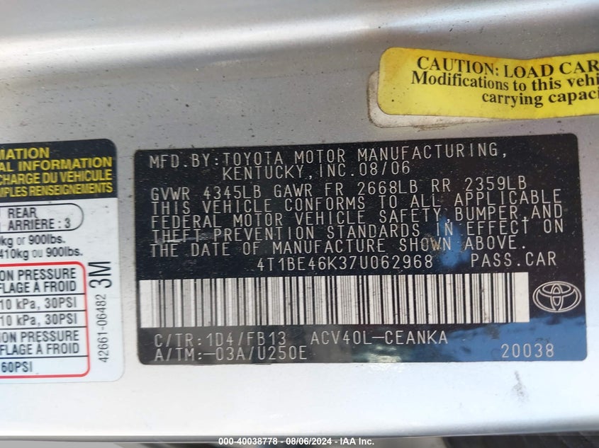 2007 Toyota Camry Le VIN: 4T1BE46K37U062968 Lot: 40038778