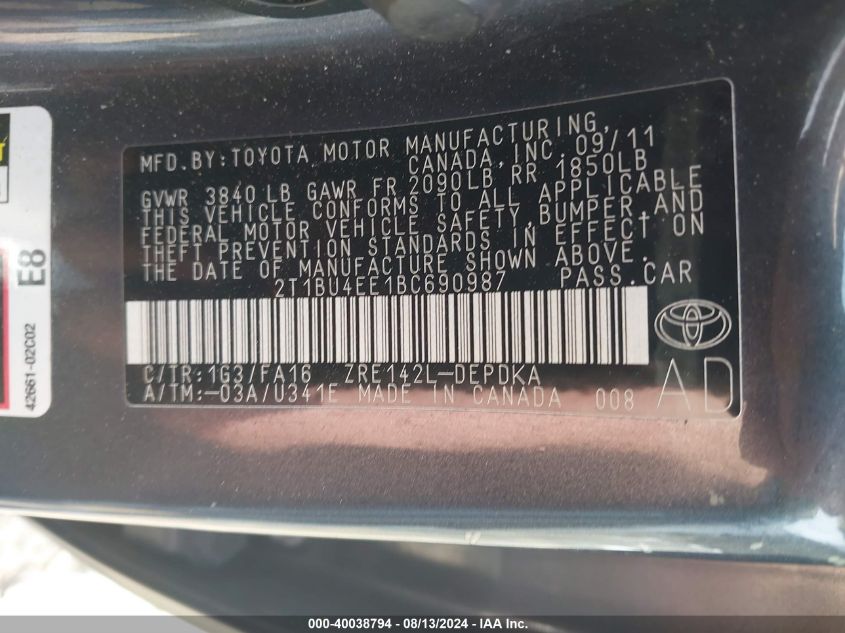 2011 Toyota Corolla VIN: 2T1BU4EE1BC690987 Lot: 40038794