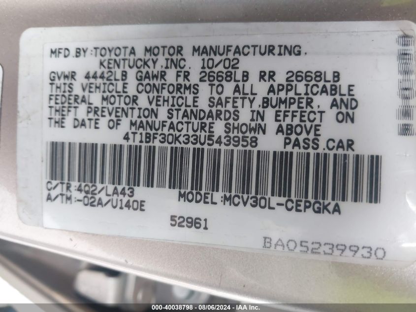 2003 Toyota Camry Xle V6 VIN: 4T1BF30K33U543958 Lot: 40038798