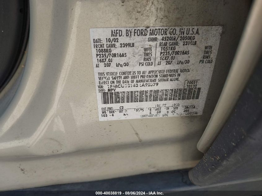 2003 Ford Escape Xlt VIN: 1FMCU93143KA92079 Lot: 40038819