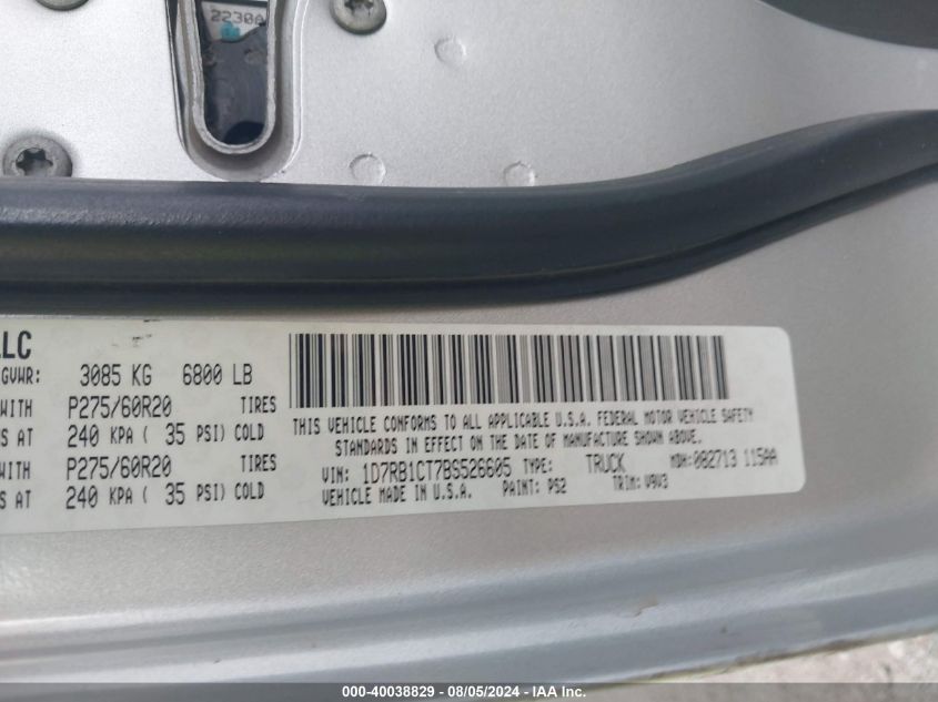 2011 Ram Ram 1500 Slt VIN: 1D7RB1CT7BS526605 Lot: 40038829