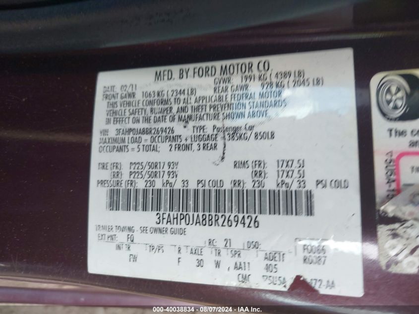 2011 Ford Fusion Sel VIN: 3FAHP0JA8BR269426 Lot: 40038834