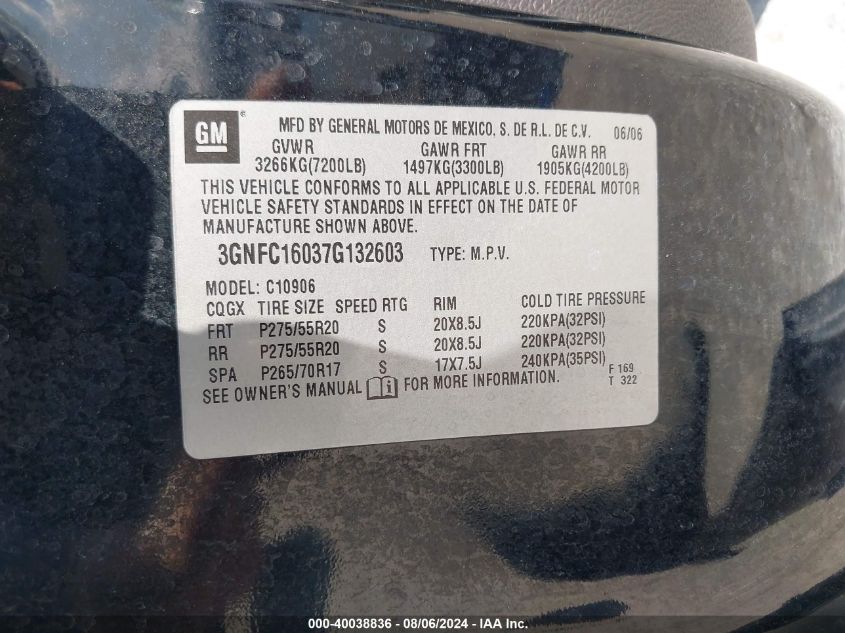 2007 Chevrolet Suburban 1500 Lt VIN: 3GNFC16037G132603 Lot: 40038836