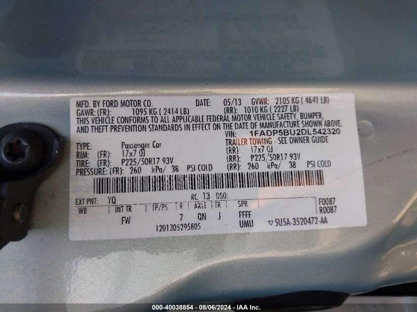 2013 Ford C-Max Hybrid Sel VIN: 1FADP5BU2DL542320 Lot: 40038854