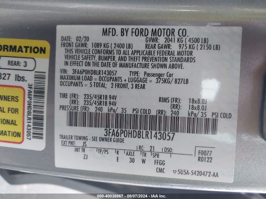 2020 FORD FUSION SE - 3FA6P0HD8LR143057