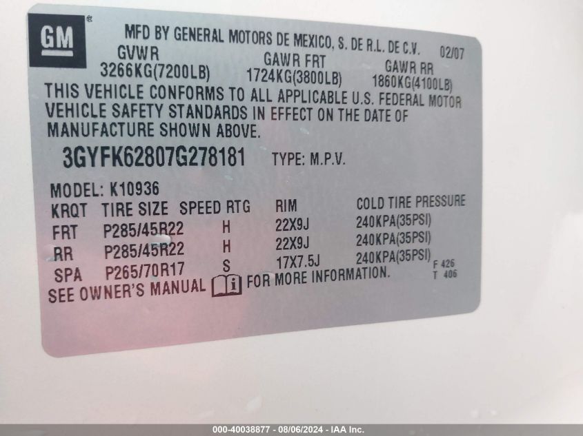 3GYFK62807G27818 2007 Cadillac Escalade Ext