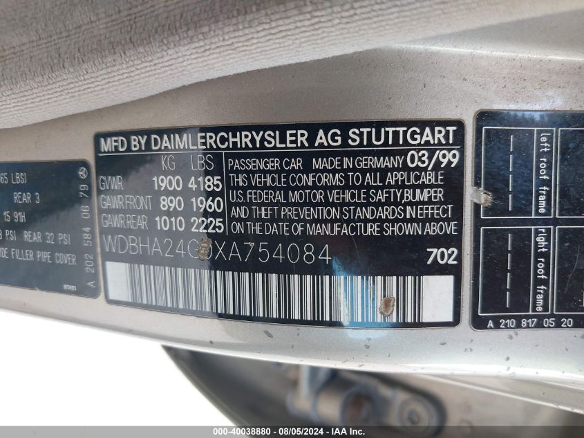 1999 Mercedes-Benz C 230 Kompressor VIN: WDBHA24G0XA754084 Lot: 40038880