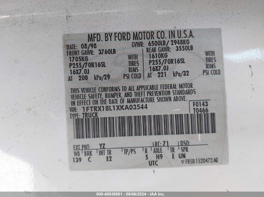 1999 Ford F-150 Lariat/Xl/Xlt VIN: 1FTRX18L1XKA03544 Lot: 40038881