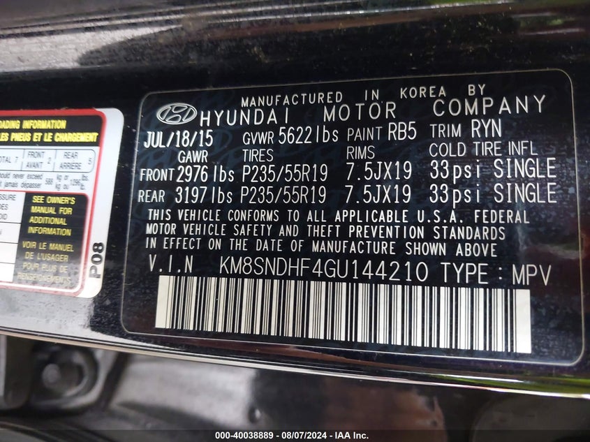 2016 Hyundai Santa Fe Se/Limited VIN: KM8SNDHF4GU144210 Lot: 40038889