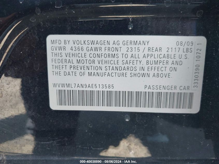 2010 Volkswagen Cc Sport VIN: WVWML7AN9AE513585 Lot: 40038890