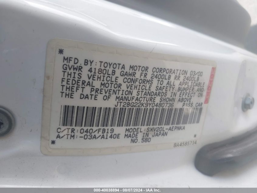 2000 Toyota Camry Ce/Le/Xle VIN: JT2BG22K9Y0480736 Lot: 40038894