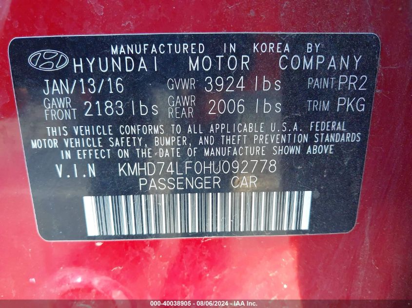 2017 Hyundai Elantra Se VIN: KMHD74LF0HU092778 Lot: 40038905