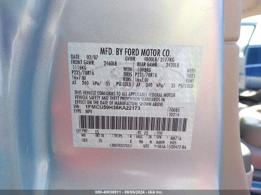 2008 Ford Escape Hybrid VIN: 1FMCU59H38KA22173 Lot: 40038911