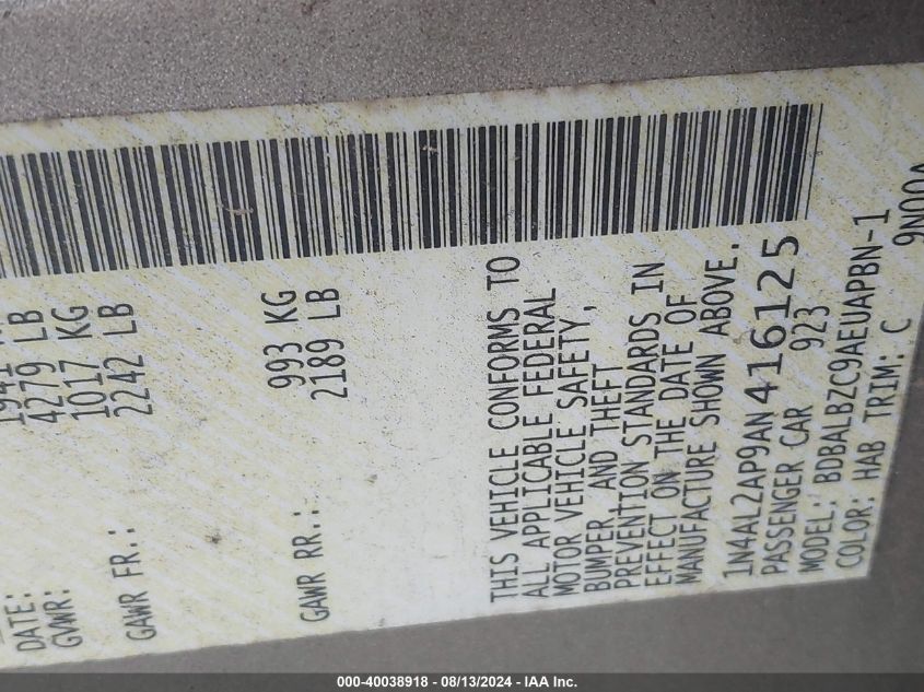 2010 Nissan Altima 2.5 S VIN: 1N4AL2AP9AN416125 Lot: 40038918