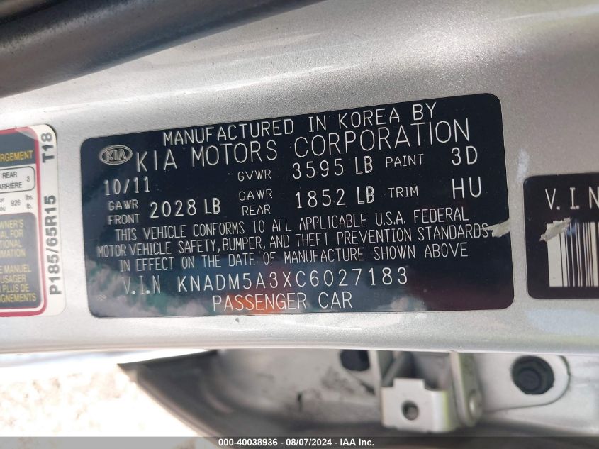 2012 Kia Rio5 Lx VIN: KNADM5A3XC6027183 Lot: 40038936