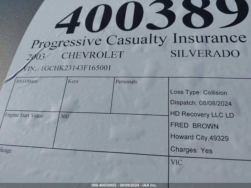 2003 Chevrolet Silverado K2500 Heavy Duty VIN: 1GCHK23143F165001 Lot: 40038952