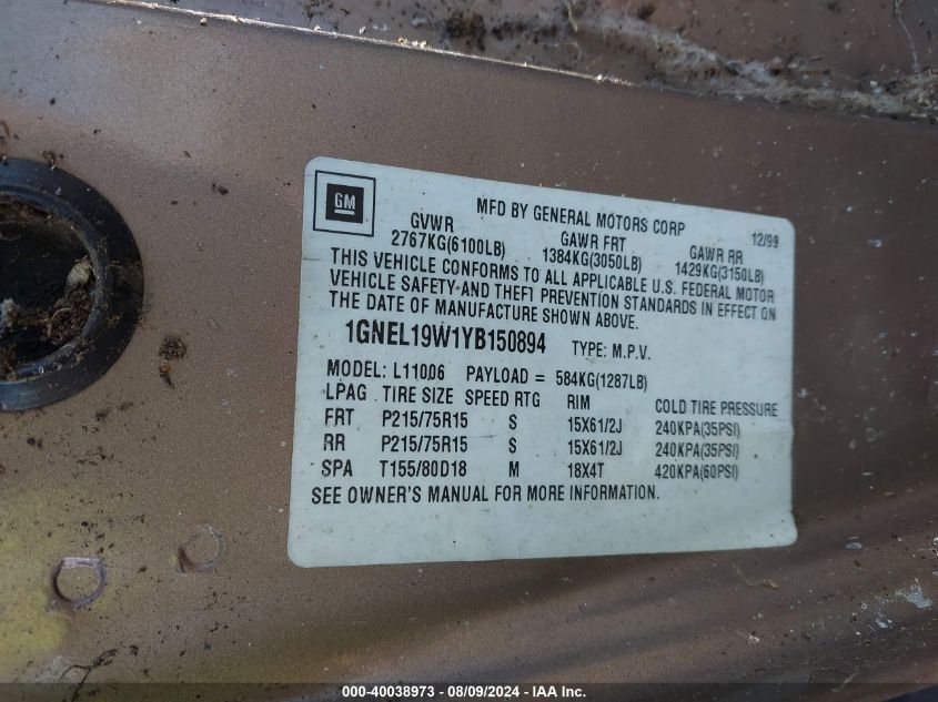 2000 Chevrolet Astro VIN: 1GNEL19W1YB150894 Lot: 40038973