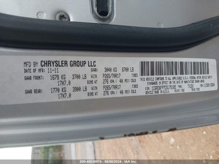 2012 Ram 1500 St VIN: 1C6RD6FP7CS175185 Lot: 40038974