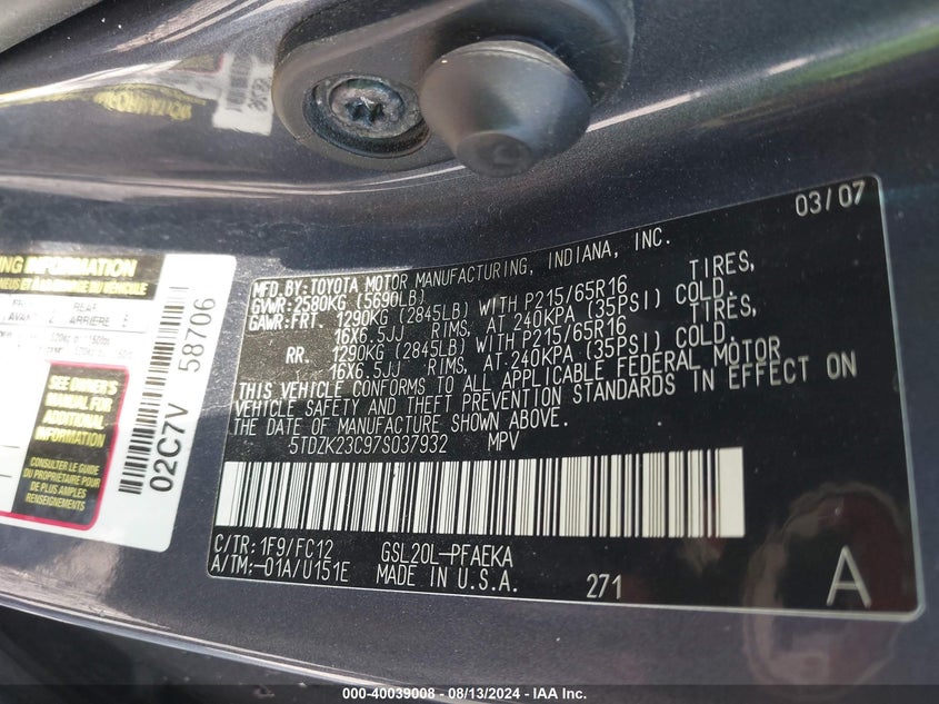 2007 Toyota Sienna Le VIN: 5TDZK23C97S037932 Lot: 40039008