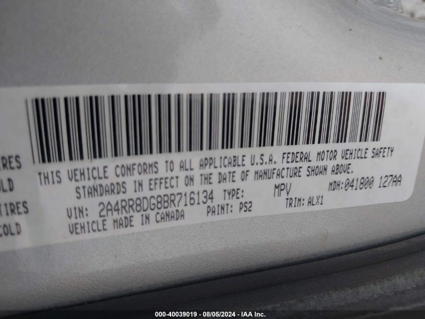 2011 Chrysler Town & Country Touring-L VIN: 2A4RR8DG8BR716134 Lot: 40039019