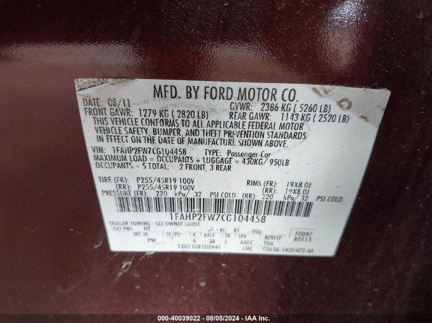 2012 Ford Taurus Limited VIN: 1FAHP2FW7CG104458 Lot: 40039022