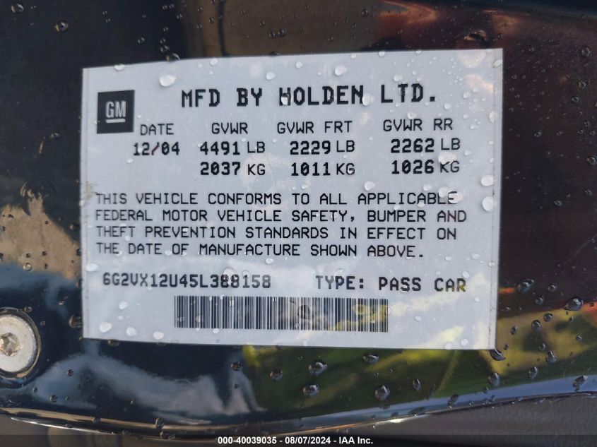 2005 Pontiac Gto VIN: 6G2VX12U45L388158 Lot: 40039035