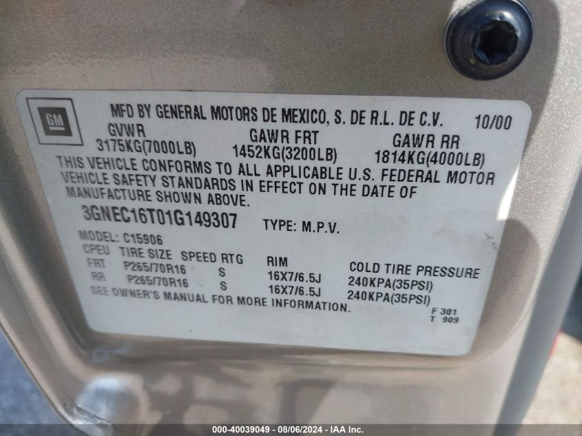 2001 Chevrolet Suburban 1500 Lt VIN: 3GNEC16T01G149307 Lot: 40039049