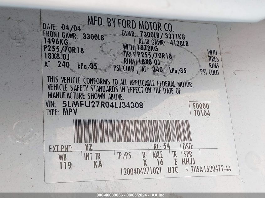 2004 Lincoln Navigator VIN: 5LMFU27R04LJ34308 Lot: 40039056