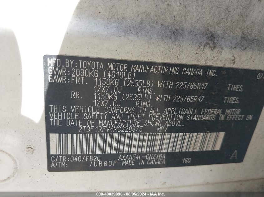 2021 Toyota Rav4 Le VIN: 2T3F1RFV4MC228875 Lot: 40039095