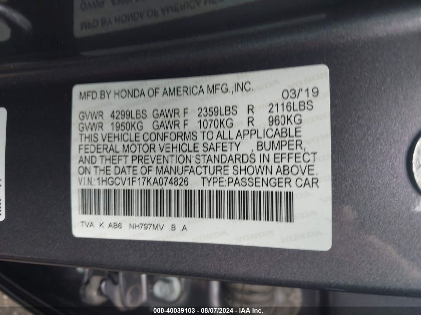 1HGCV1F17KA074826 2019 Honda Accord Lx