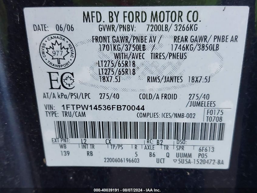 1FTPW14536FB70044 | 2006 FORD F-150