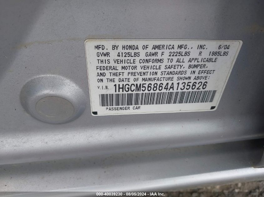 2004 Honda Accord 2.4 Ex VIN: 1HGCM56864A135626 Lot: 40039230