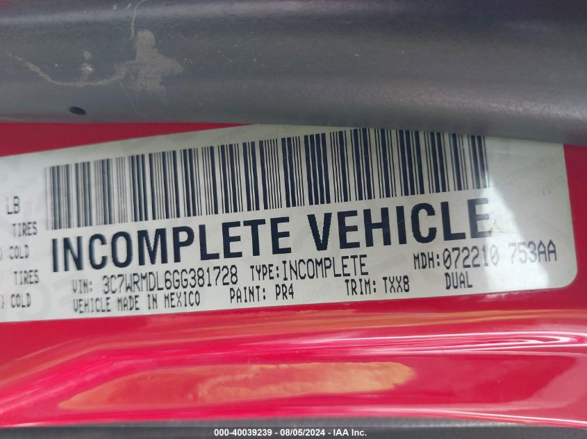 2016 Ram 5500 Chassis Tradesman/Slt VIN: 3C7WRMDL6GG381728 Lot: 40039239