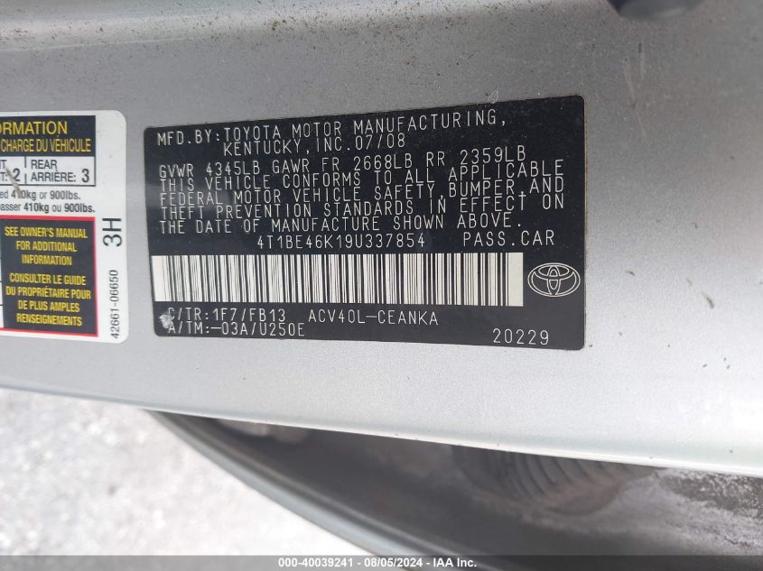 2009 Toyota Camry Le VIN: 4T1BE46K19U337854 Lot: 40039241