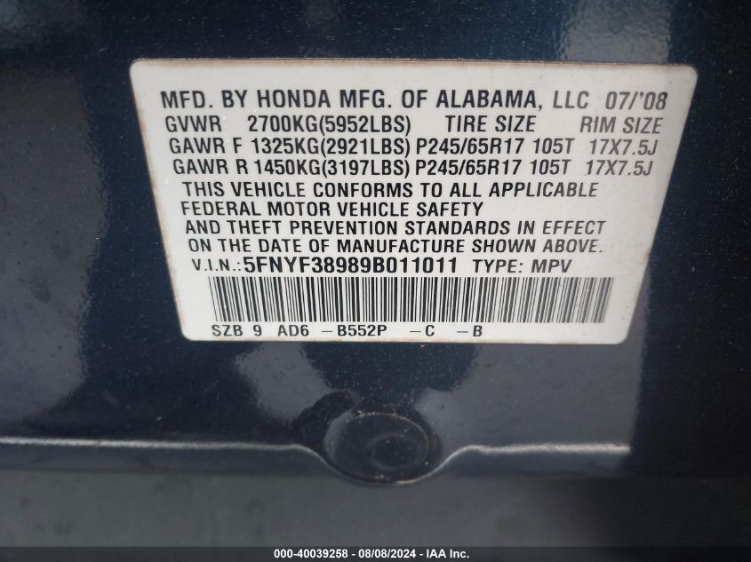 2009 Honda Pilot Touring VIN: 5FNYF38989B011011 Lot: 40039258
