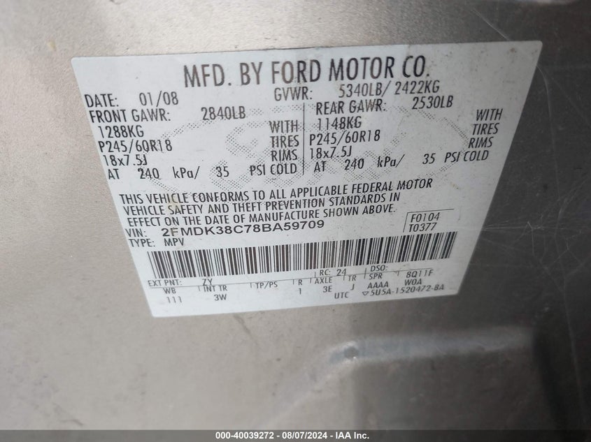 2008 Ford Edge Sel VIN: 2FMDK38C78BA59709 Lot: 40039272