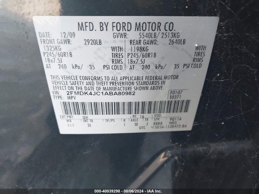 2010 Ford Edge Sel VIN: 2FMDK4JC1ABA80982 Lot: 40039298