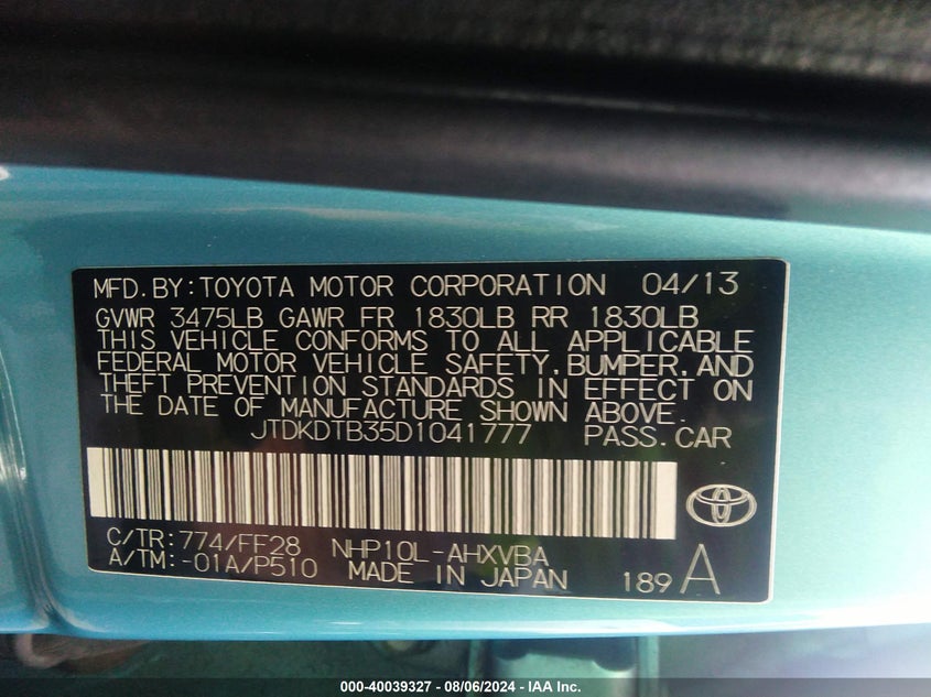 2013 TOYOTA PRIUS C - JTDKDTB35D1041777