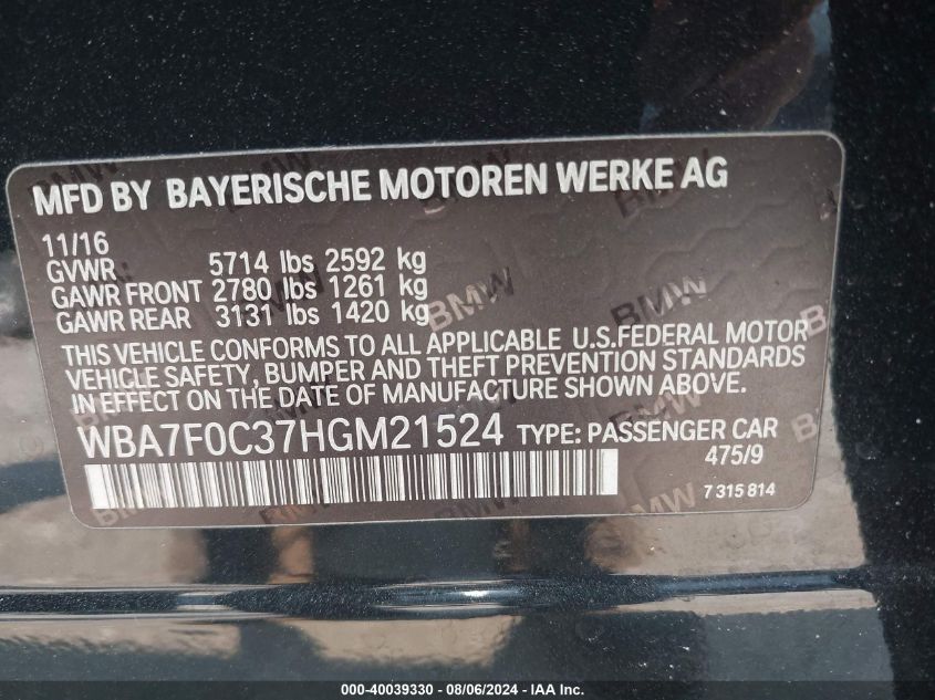 2017 BMW 750I VIN: WBA7F0C37HGM21524 Lot: 40039330