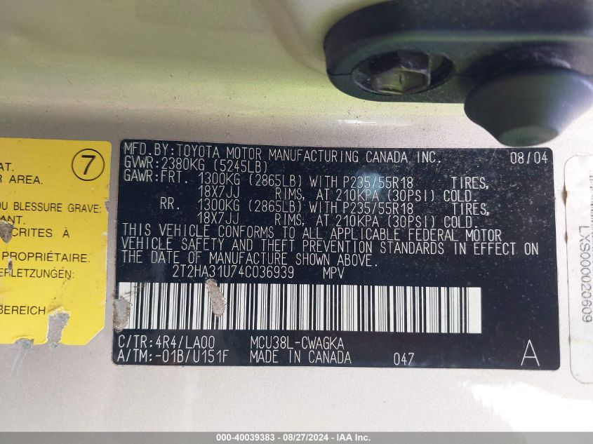 2004 Lexus Rx 330 VIN: 2T2HA31U74C036939 Lot: 40039383