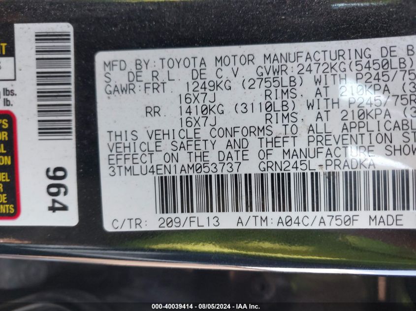 2010 Toyota Tacoma Base V6 VIN: 3TMLU4EN1AM053737 Lot: 40039414